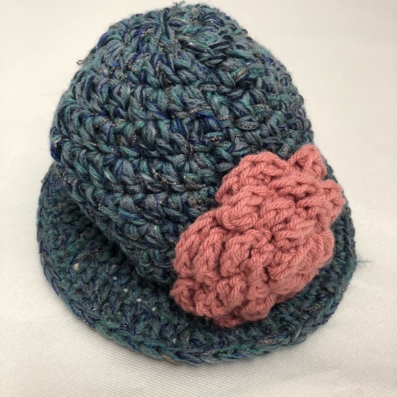 Handknit teal and pink one of a kind crochet hat main image 4